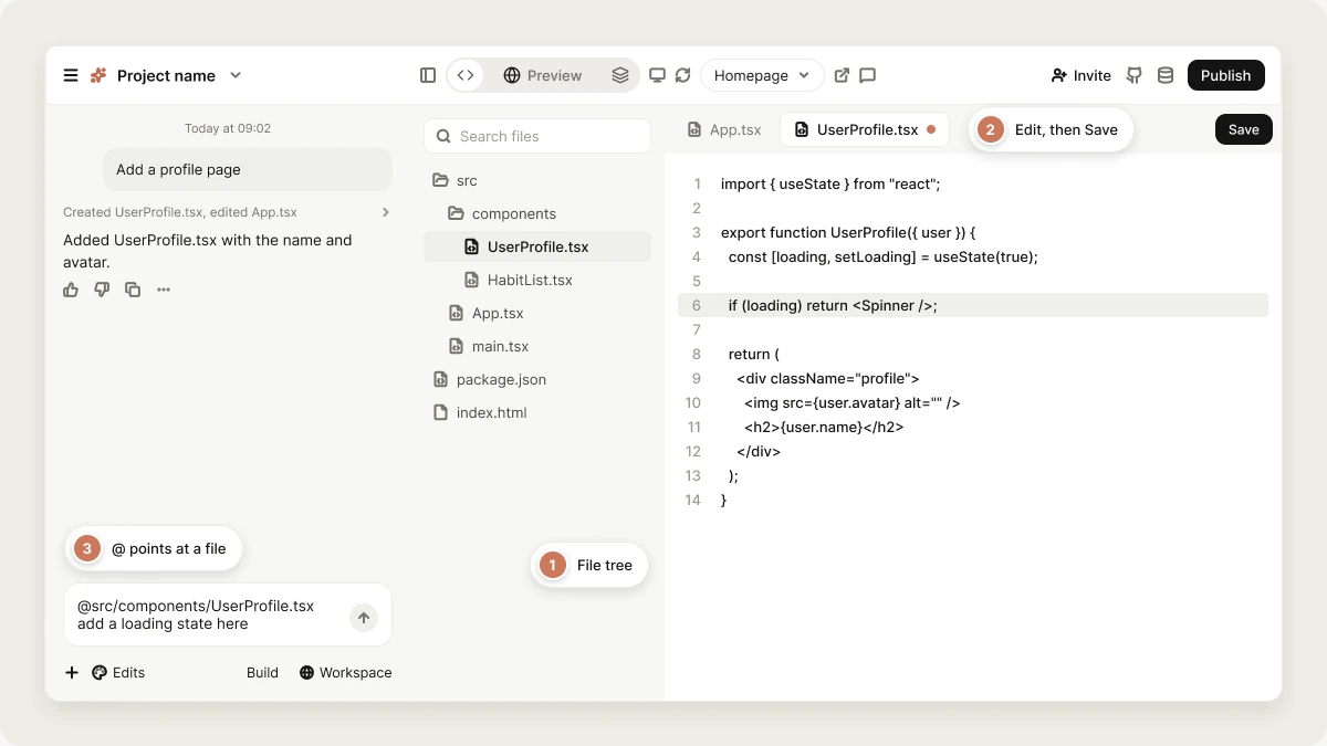 View and edit your project's code