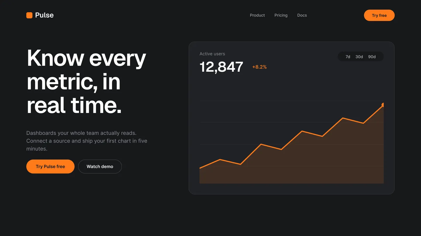 Pulse, an analytics dashboard web app built with Vibely